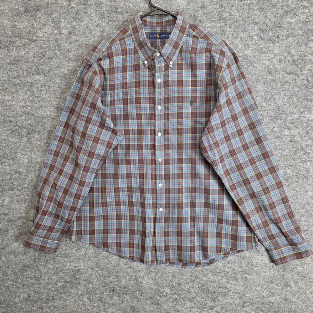 Ralph Lauren Shirt Mens XXL Blue Plaid Long‎ Sleeve Cotton Button Down Casual